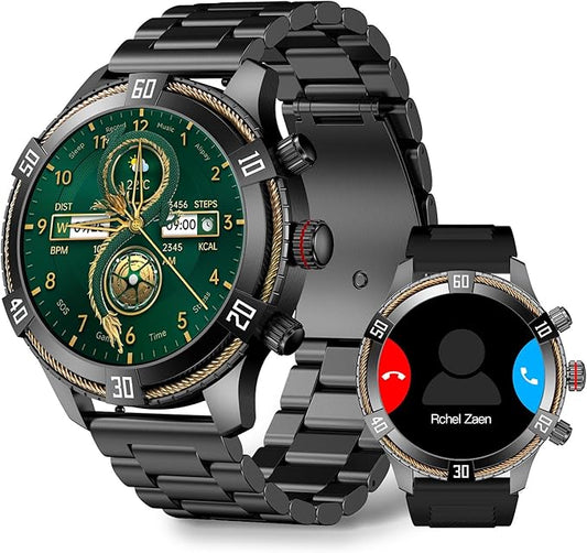 Smart Watch for Men Bluetooth Answer/Make Call, 1.43" AMOLED Display Luxury Smartwatch, Fitness Tracker with 100+ Sport Modes, Heart Rate/Sleep Monitor for iOS Android, 2 Watch Bands (Black)