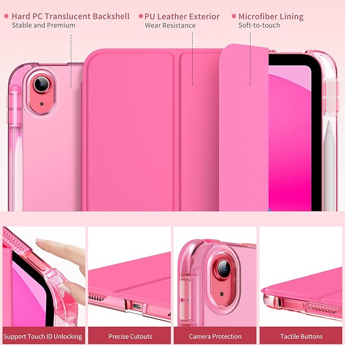 MoKo for iPad (A16) 11th Generation Case 11 Inch 2025, iPad 10th Gen Case 10.9 Inch 2022 with Pencil Holder, Slim Light Trifold Protective Cover with Hard PC Translucent Back Shell, Persian Pink