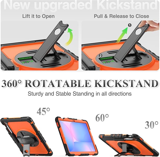 SEYMAC stock Case for Samsung Galaxy Tab S10 FE+ Plus 5G Tablet Case 13.1'' Protective with Screen Protector, Pencil Holder, 360 Rotating Stand, Hand Strap, Shoulder Strap, Orange
