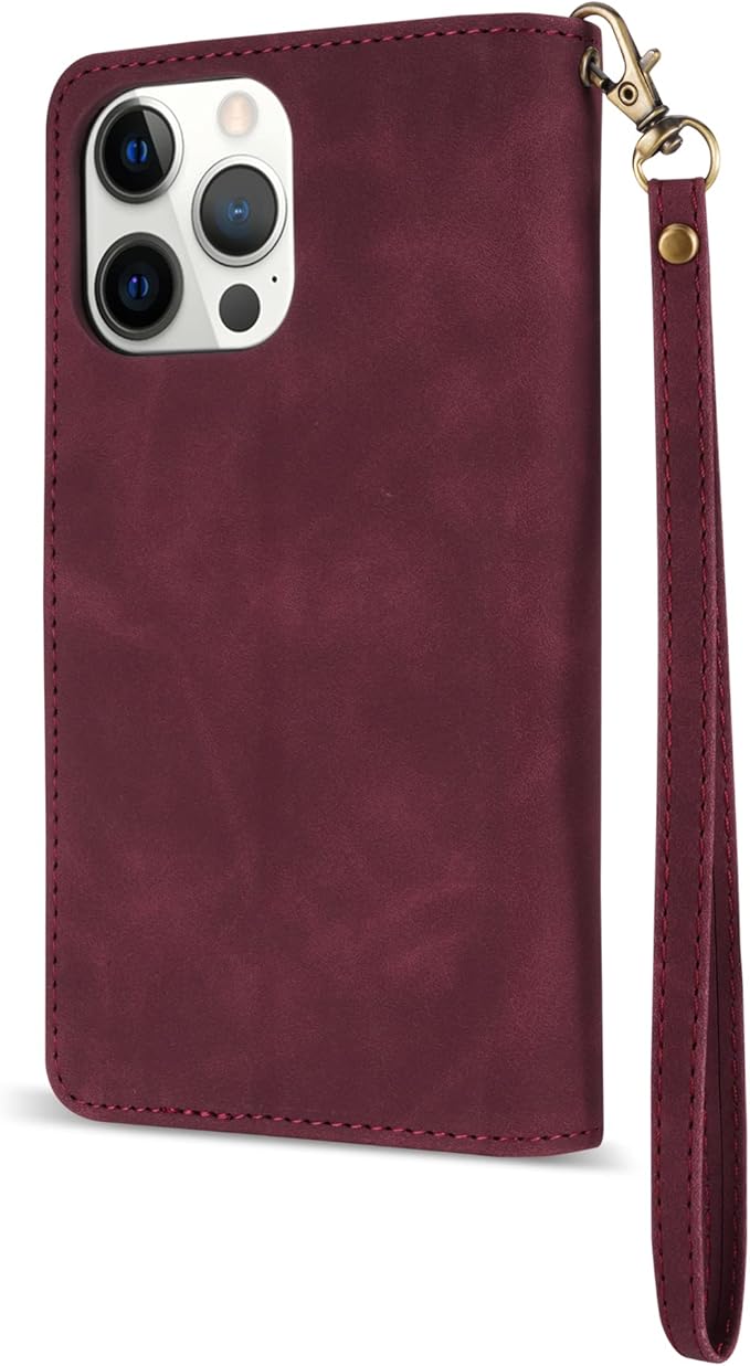 ZZXX For iPhone 14 Pro Case Wallet With [RFID Blocking] Card Slot Premium Soft PU Leather Zipper Flip Folio With Wrist Strap Kickstand Protective Cover For iPhone 14 Pro Wallet Case(Wine Red-6.1 inch)