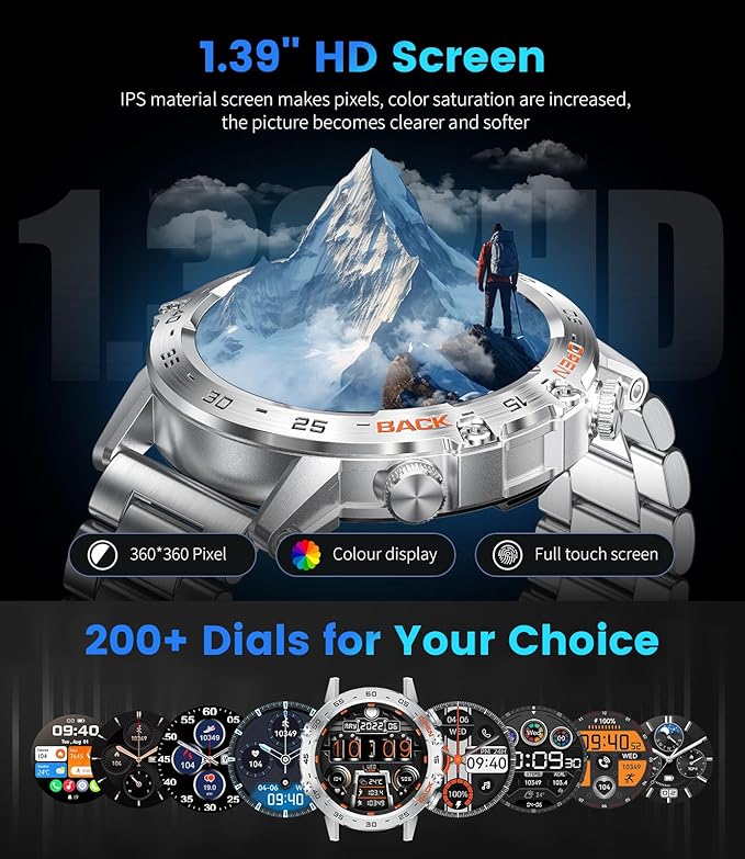 Smart Watch for Men Answer/Make Call for Android iOS, 400mAh Military Smartwatch Blood Oxygen Sleep Monitor Step Counter, 2 Watch Straps, Waterproof Smart Watches Silver