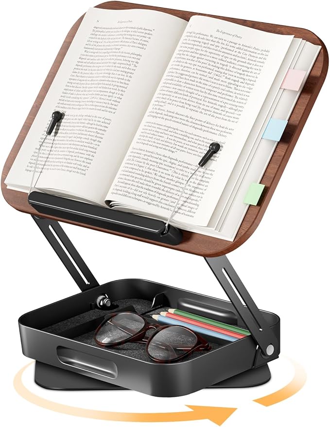 Adjustable Book Stand for Reading with Storage – 360° Rotating Base, Height Adjustable, Extra-Wide Page Clips for Thick Books – Portable Desk Book Holder for Study, Bed, Office, Kitchen (Dark Wood)