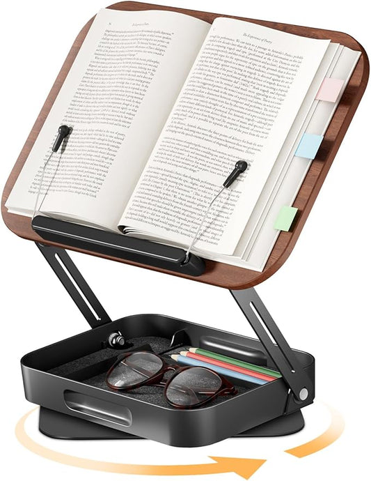 Adjustable Book Stand for Reading with Storage – 360° Rotating Base, Height Adjustable, Extra-Wide Page Clips for Thick Books – Portable Desk Book Holder for Study, Bed, Office, Kitchen (Dark Wood)