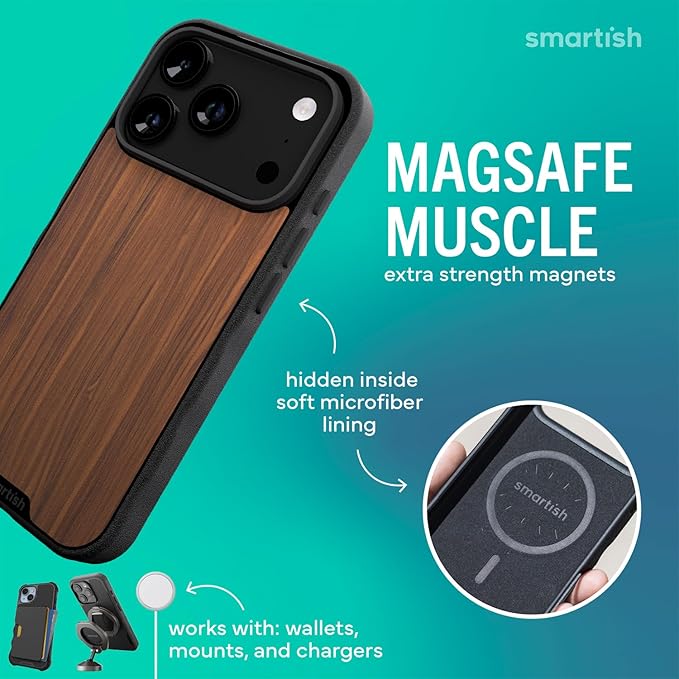 Smartish® iPhone 17 Pro MagSafe Case - Gripmunk Magnetic Slim Case [Lightweight + Protective] Thin Grip Cover with Microfiber Lining for Apple iPhone 17 Pro - Walnut Woods