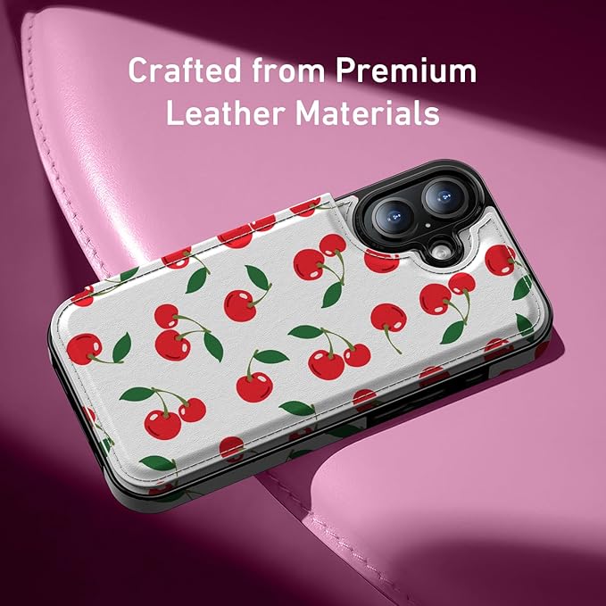 FUNMIKO for iPhone 16 Plus Wallet Case with Card Holder, RFID-Blocking, Military-Grade Protection & UV-Printed Artwork, Magnetic Closure with Leather Kickstand - Juicy Cherries
