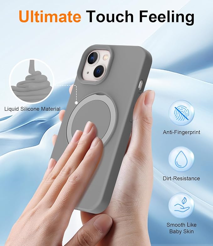 ZHK Liquid Silicone Designed for iPhone 13/14 Case with Magnet Stand, [Mil-Grade Drop Shockproof][Soft Anti-Scratch Microfiber Lining] Slim Fit Cover, Grey