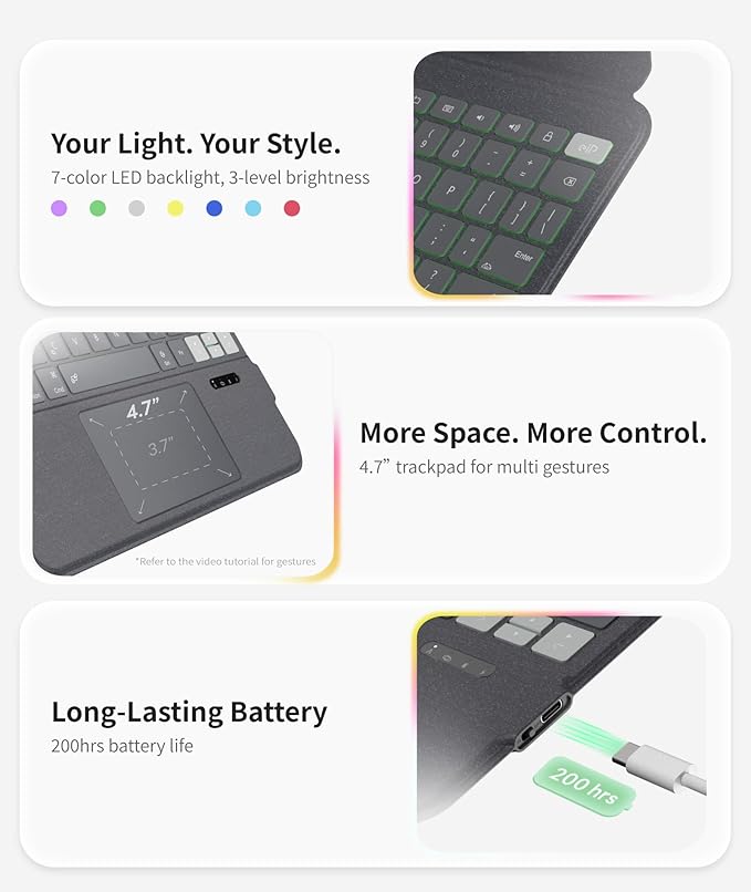 EIP Keyboard Case for iPad Pro 13 inch M4 (2024), 13” Magnetic Detachable Keyboard with Patented Stylus Shortcuts, Adjustable Stand, Seven-Color Backlit [Not for Pro 12.9” 3-6th] [Not for Air 13”].