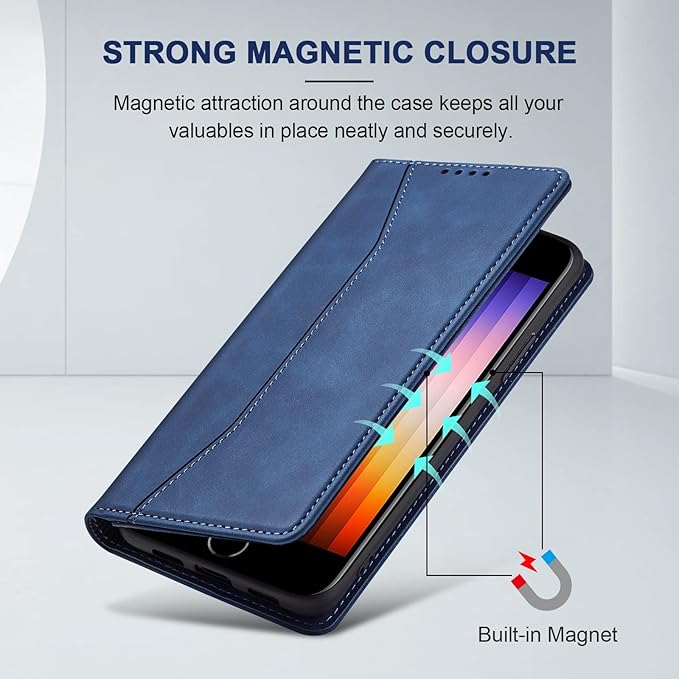 Jasonyu Flip Wallet Case for iPhone SE 2022/2020/8/7,Leather Magnetic Folio Cover with Card Holder,Kickstand - TPU Shockproof Durable Protective Phone Case,Blue