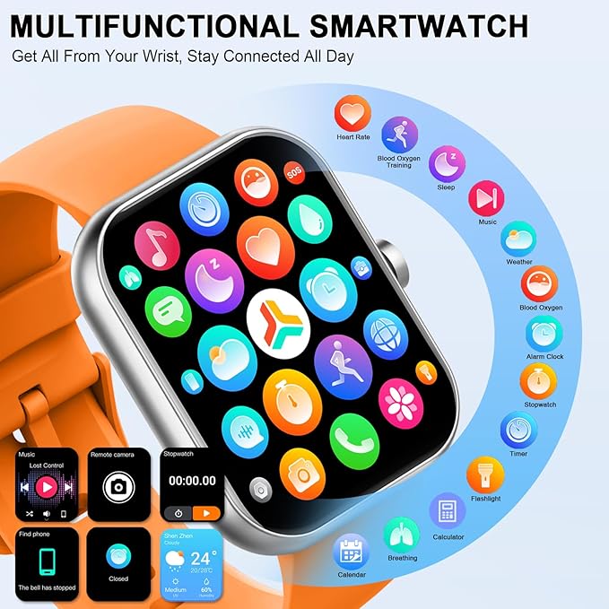 Smart Watch (Answer/Make Calls), 1.96"HD Smartwatch for Men Women 113+ Sport, 2025 Fitness Activity Tracker with Heart Rate Monitor, Sleep Trackers, Pedometer, IP68 Waterproof for Android iOS Orange