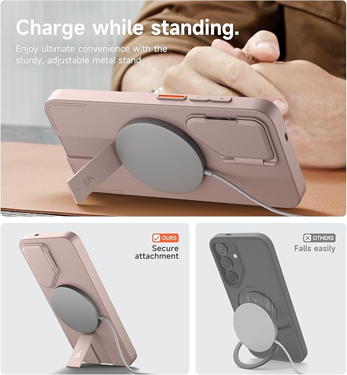 SURITCH for Samsung Galaxy S25 Phone Case, Magnetic Shockproof Bumper Case Slim Protective Cover with Camera Cover & Adjustable Metal Kickstand for Galaxy S25 (2025)-Sakura Pink