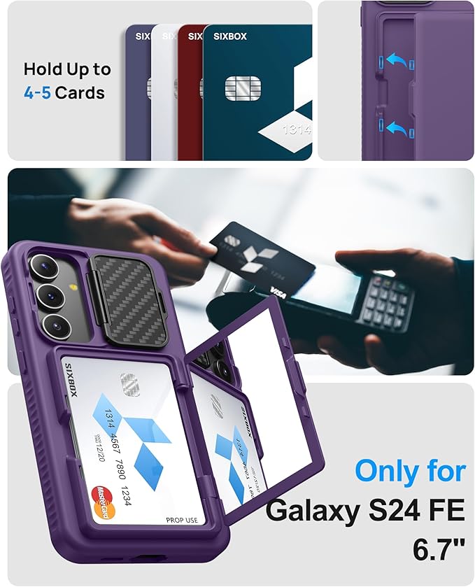 for Samsung Galaxy S24 Fe Case with Kickstand & Card Holder & Camera Lens Cover, Military Grade Drop Protection Shockproof Rugged Stand Wallet Phone Case for Galaxy S24 Fe 6.7" 2024, Purple