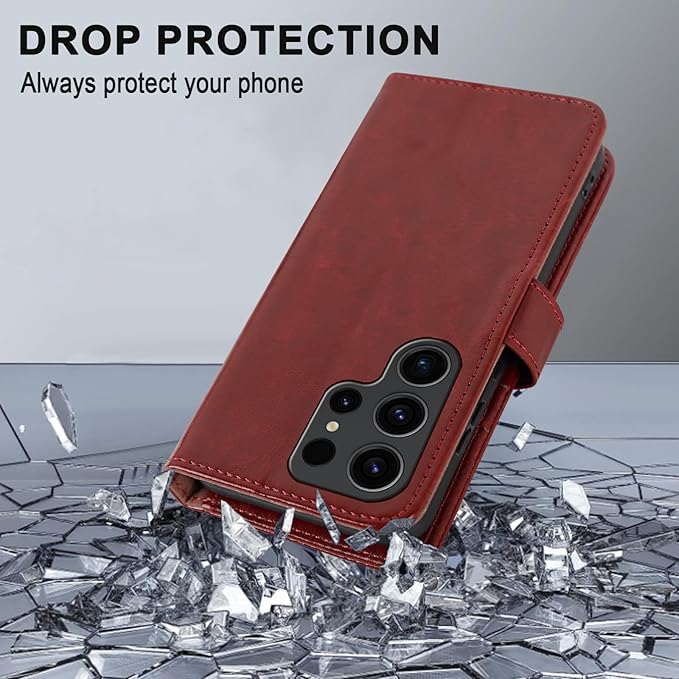 MONASAY Wallet Case Compatible for Galaxy S23 Ultra 5G,[RFID Blocking] Flip Folio Leather Cell Phone Cover with Credit Card Holder, 6.8 inch, Burgundy