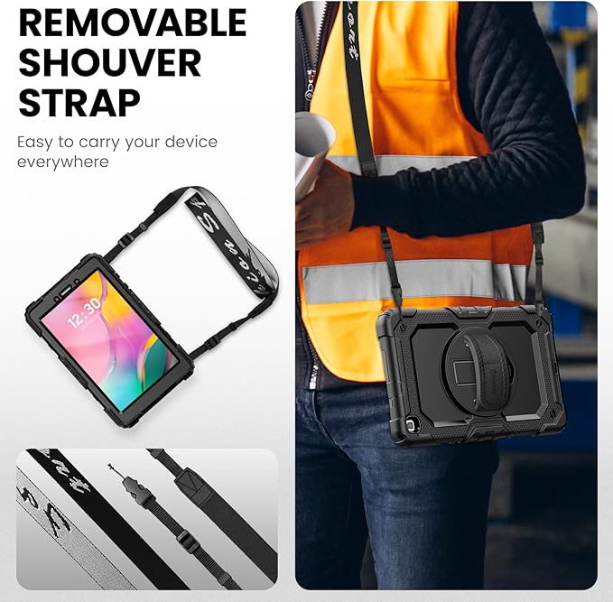 Timecity Case for Samsung Galaxy Tab A 8.0 2019 SM-T290/ T295/ T297, Full-Body Protective Case with Screen Protector, Swivel Stand/Handle Shoulder Strap Case for Kids Students, Black