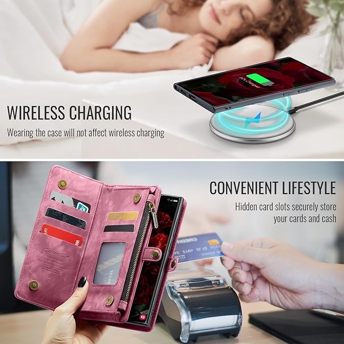 SZHAIYU 2 in 1 Detachable for Samsung Galaxy S25 Ultra Wallet Case with Card Holder, Retro Premium Flip Leather Cover Magnetic Zipper Pocket Phone Cases 6.8'' (Red, S25 Ultra)