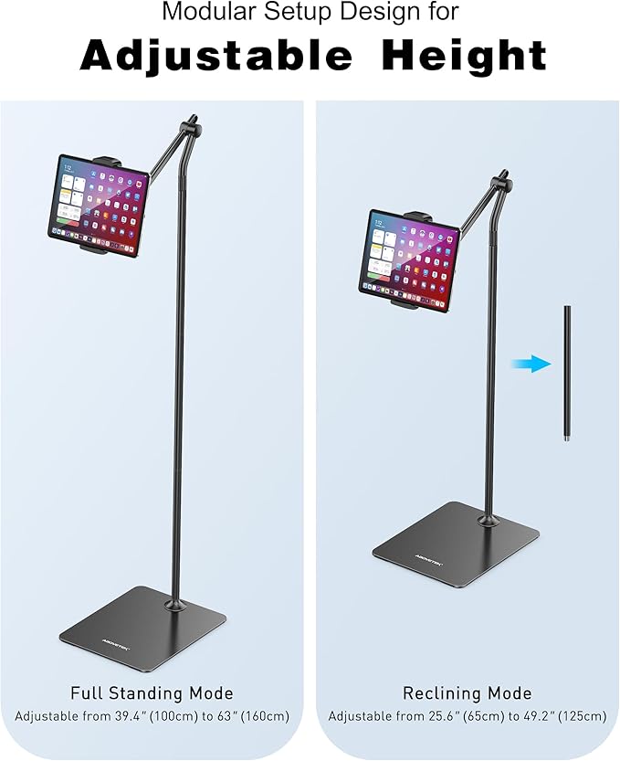 AboveTEK Tablet Floor Stand,Stylish Adjustable Height iPad Floor Stand with Stable Base,Aluminum 360° Rotation Holder for Sofa Bed,Fits 4.7-13.5"iPad Pro 12.9/Air/Mini,Galaxy Tab,iPhone,Kindle(Black)