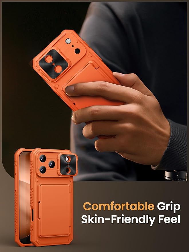 Vihibii for iPhone 17 Pro Case Wallet with Card Holder (4 Cards) [RFID Blocking] & Slide Camera Cover, Military Grade Drop Protection, Rugged Hard Back & Silicone Edge Phone Case 6.3" 5G 2025, Orange
