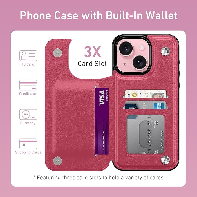 FUNMIKO for iPhone 15 Wallet Case with Card Holder, RFID-Blocking, Military-Grade Protection & UV-Printed Artwork, Magnetic Closure with Leather Kickstand - Hot Pink