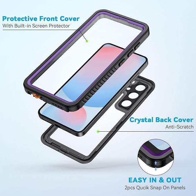 Lanhiem for Samsung Galaxy S24 FE Case, IP68 Waterproof Dustproof Case, Built-in Screen Protector, Heavy Duty Shockproof Full Body Protective Phone Cover for Galaxy S24FE 5G 6.7 Inch, Purple/Clear