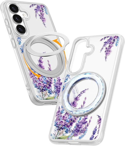 for Samsung Galaxy S25 Case with 360° Rotatable Magnetic Ring - Compatible with MagSafe, Semi-Transparent Soft-Touch Material Shockproof, Cute Purple Floral Design for Women Girl