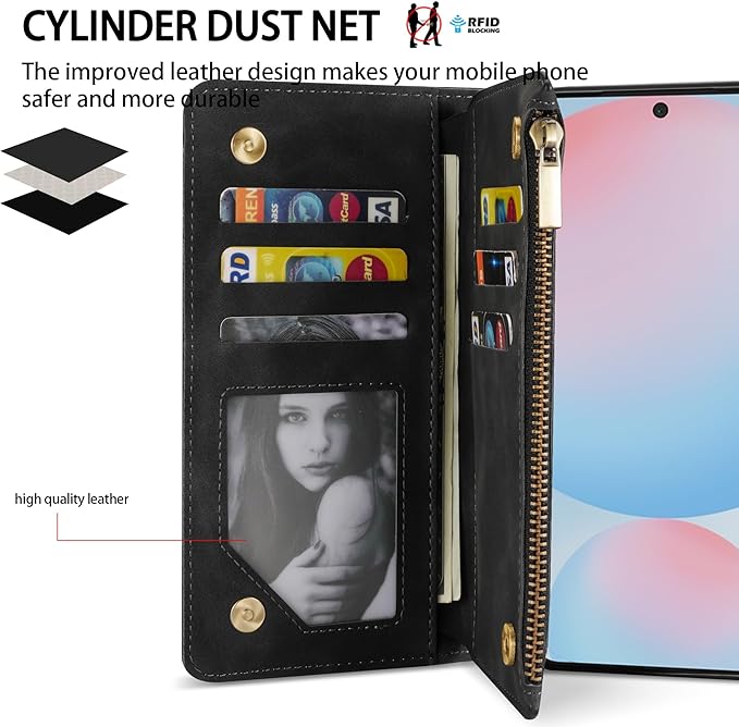 ZZXX for Samsung Galaxy S24 FE Wallet Case with RFID Blocking Card Slot PU Leather Zipper Flip Folio with Strap Kickstand Protective Cover for Samsung Galaxy S24 FE Case Wallet(Black-6.7 inch)