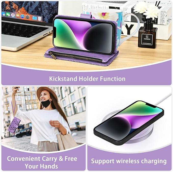 Asuwish Phone Case for iPhone 14 6.1 inch Zipper Wallet Detachable Cell Cover with Tempered Glass Screen Protector Crossbody Strap Flower Card Holder Slot iPhone14 5G i i-Phone i14 14Case Women Purple