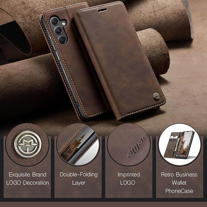 for Samsung Galaxy A15 Case, Flip Wallet Leather Case with Card Holder Magnetic Closure Shockproof Kickstand Protective Phone Cases Cover for Samsung A15,Coffee
