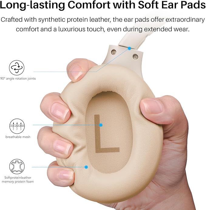 TOZO HT2 Hybrid Active Noise Cancelling Headphones, Wireless Over Ear Bluetooth Headset, 60H Playtime, Hi-Res Audio Custom EQ via App Deep Bass Comfort Fit Ear Cups, for Home Office Travel Khaki