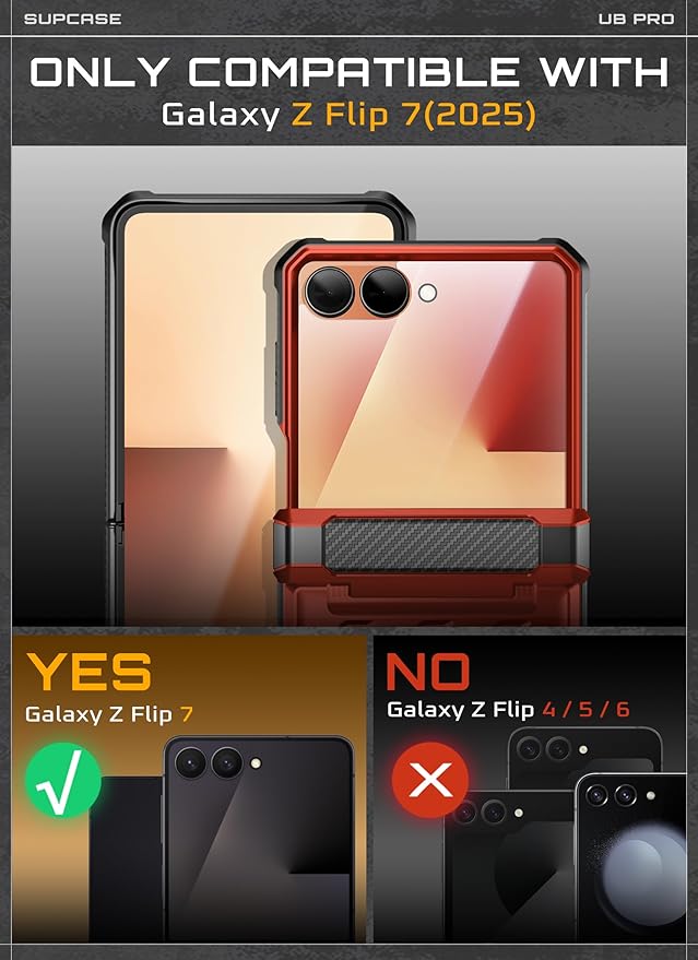 SUPCASE for Samsung Galaxy Z Flip 7 Case with Built-in Stand & Belt-Clip (Unicorn Beetle Pro), [Hinge Protection] [Front Tempered Glass Screen Protector] Full Body Military-Grade Phone Cover, Ruddy