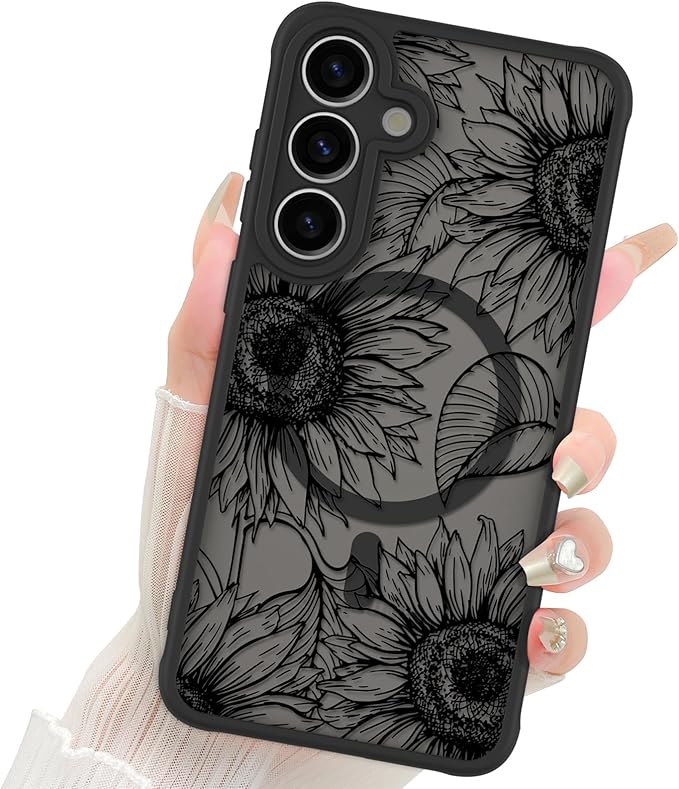 Fiyart Designed for Samsung Galaxy S25 Case Matte Flowers Design Compatible with MagSafe,Cute Sunflowers Anti-Scratch Translucent Phone Cover for Women Girls 6.1"-Black