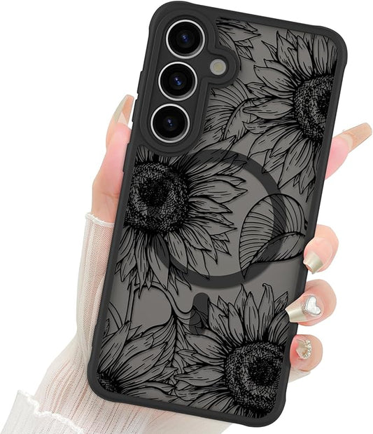 Fiyart Designed for Samsung Galaxy S25 Case Matte Flowers Design Compatible with MagSafe,Cute Sunflowers Anti-Scratch Translucent Phone Cover for Women Girls 6.1"-Black