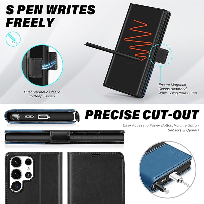 TUCCH Wallet Case for Galaxy S25 Ultra, Magnetic PU Leather Stand [RFID Blocking] Credit Card Holder Flip Cover with [TPU Shockproof Interior Case] Compatible with Galaxy S25 Ultra, Black & Light Blue