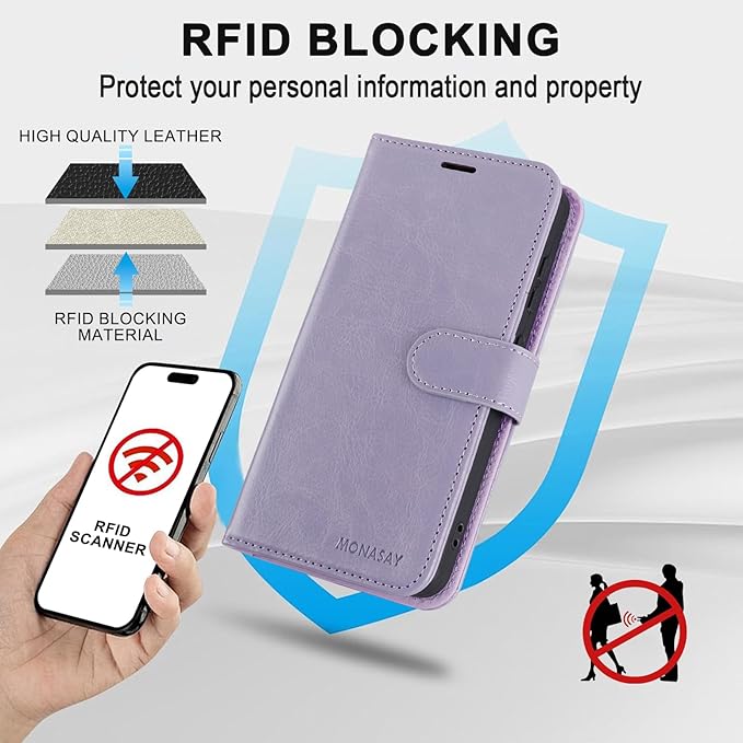 MONASAY Wallet Case Fit for Samsung Galaxy S24+ Plus 5G, [Lens & Glass Screen Protector Included] [RFID Blocking] Flip Folio Leather Cell Phone Cover with Credit Card Holder, Lavenders