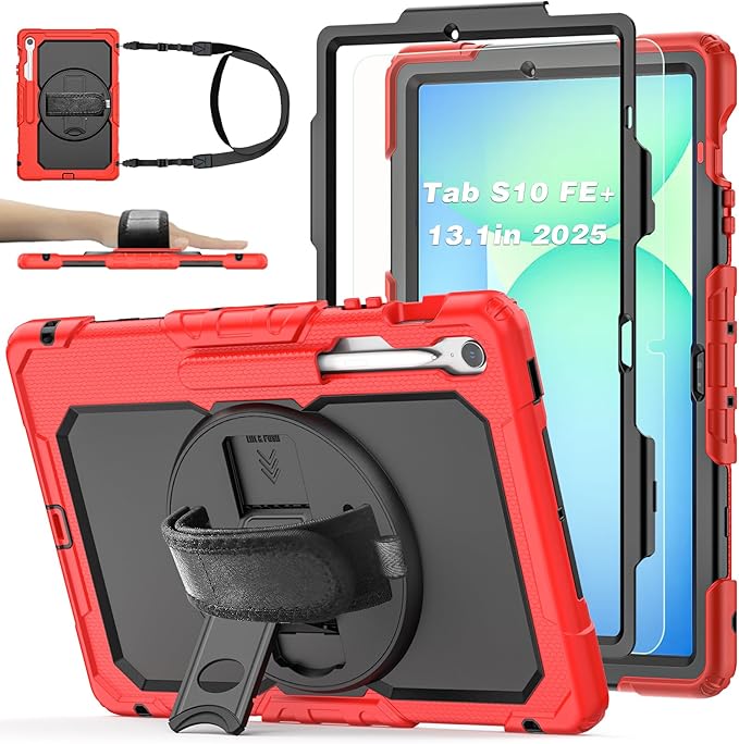 Case for Samsung Galaxy Tab S10 FE Plus 5G Tablet 13.1'', Shockproof Protective Cover with Tempered Glass Screen Protector, Rotatable Kickstand, S Pen Holder, Hand/Shoulder Strap, Red