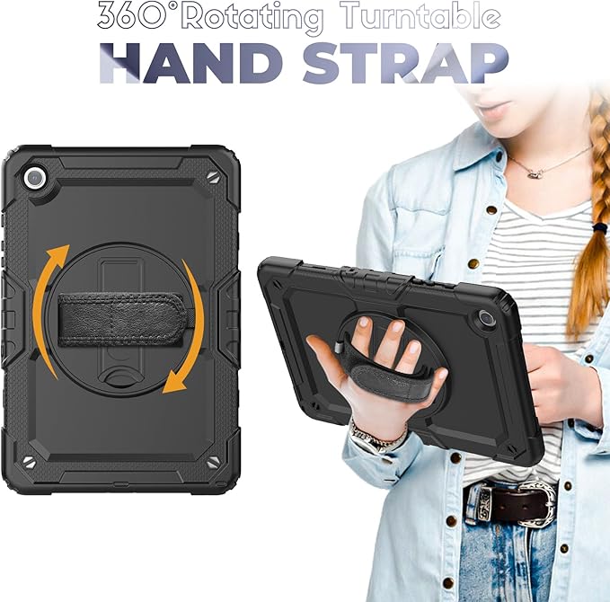 Bundle of Case for Samsung Galaxy Tab A9 Plus 11 Inch 2023 with Tempered Glass Screen Protector Pencil Holder,BLOSOMEET Galaxy A9+ Plus Tablet Case with Shoulder Strap Hand Strap&Stand,Black