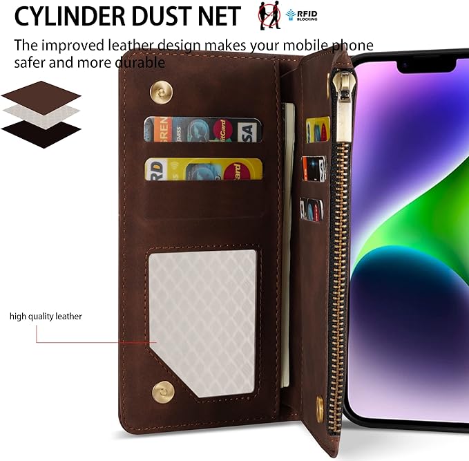 ZZXX For iPhone 14 Plus Case Wallet With [RFID Blocking] Card Slot Premium Soft PU Leather Zipper Flip Folio With Wrist Strap Kickstand Protective Cover For iPhone 14 Plus Wallet Case(Coffee-6.7 inch)