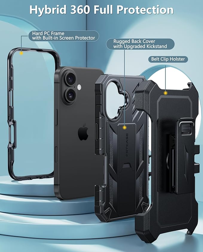 FNTCASE for iPhone 16 Phone Case: Rugged Protective Belt Clip Holster Heavy Duty with Built in Kickstand & Built-in Screen Protector | 360 Full Protection Shockproof Cover, 6.1inch (Black)