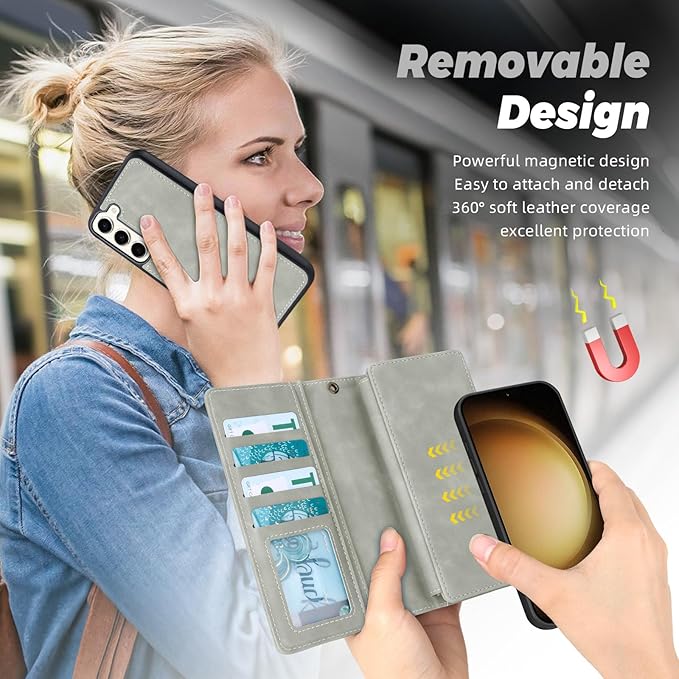 TwoHead for Samsung Galaxy S23 Plus Wallet Case with Card Holder,Detachable Magnetic Phone Case for Galaxy S23 Plus,PU Leather All-Round Protective Phone Cover Wallet with Strap(6.6 in,Gray)