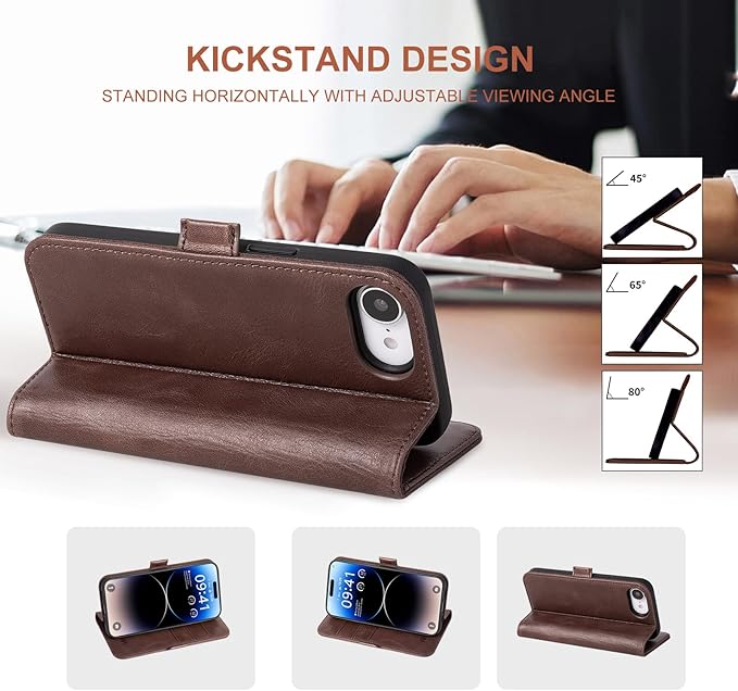 Case for iPhone 16e 6.1", Genuine Leather Wallet Magnetic Cover RFID Blocking Card Slot Kickstand Shock-Absorbent TPU Phone Holder Case Compatible with iPhone 16e 2025 5G (Darkbrown)