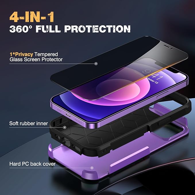Diaclara Designed for iPhone 12 Case/iPhone 12 Pro Case, [with Privacy Screen Protector] [Anti Spy] [Military Grade Drop Protection] Heavy Duty Full-Body Shockproof Phone Case, Purple