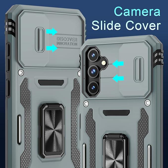 DEERLAMN Case for Samsung Galaxy S23 FE 6.4-Inch with Slide Camera Cover+Screen Protector(1 Pack),Rotated Ring Kickstand Military Grade Shockproof Protective Cover-Grey