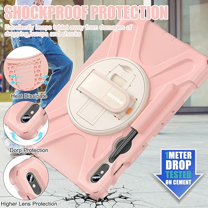 BRAECNstock for Samsung Galaxy Tab S10 Lite/ S10 FE/ S9 FE/ S9/ S8/ S7 5G Case 10.9"/11", Shockproof Protective Kids Case with Pen Holder, Rotating Hand Strap & Stand, Shoulder Strap, Sakura Pink