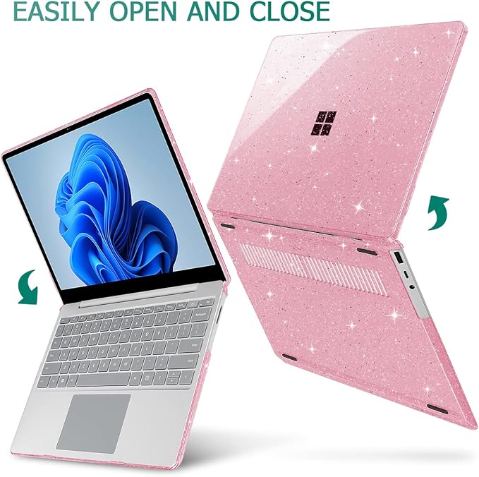 Tuiklol Case for 12.4 Inch Microsoft Surface Laptop Go 3/2 / 1 2023-2020 Releases, Plastic Hard Shell Case with Screen Protector and Keyborad Cover +Dust Plugs Model 2013/1943,Sparkly Pink