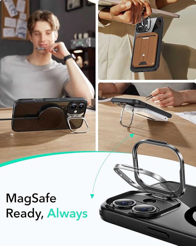 ESR for iPhone 16 Case, Compatible with MagSafe, Military-Grade Protective Case, Built-in Stash Stand Phone Case, Scratch-Resistant Back Cover, Classic Series, Clear Black