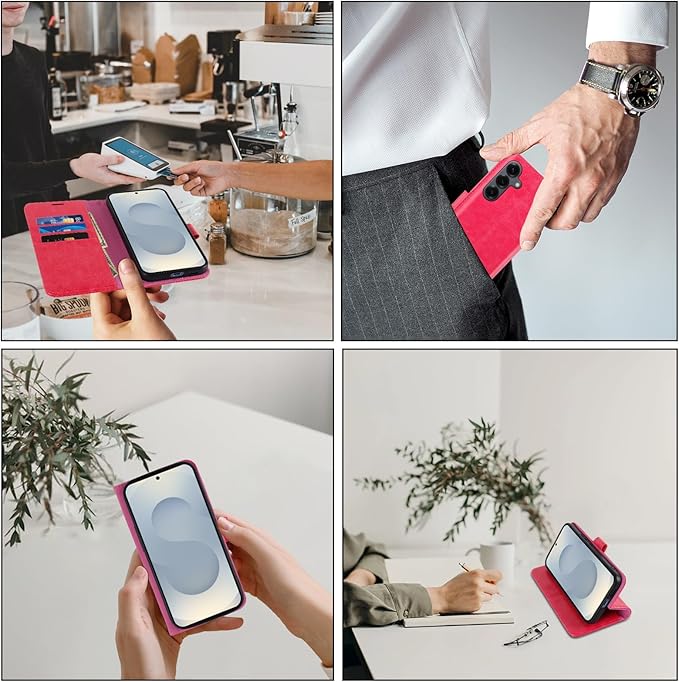 MONASAY Wallet Case Fit for Samsung Galaxy S25 5G, [Lens & Glass Screen Protector Included] [RFID Blocking] Flip Folio Leather Cell Phone Cover with Credit Card Holder, 6.2 inch, Hot-Pink