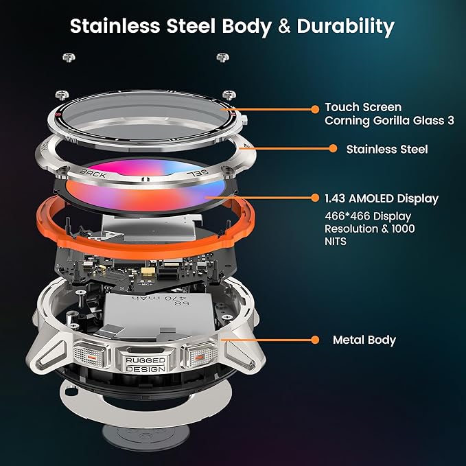 KOSPET Tank T3 Ultra GPS Smart Watch for Men-Pressure/Altitude/Compass, Extra-Large Battery, Stainless Steel Unibody Rugged Military Smartwatch Make/Answer Call, 5ATM Waterproof (2 Bands)