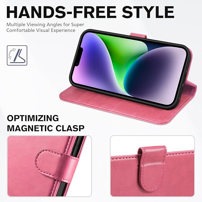 TUCCH Wallet Case for iPhone 14 6.1", Flip PU Leather Magnetic Protective Cover with [RFID Blocking] [4 Card Slots] Stand [TPU Interior Case] Compatible with iPhone 14 6.1, Hot Pink