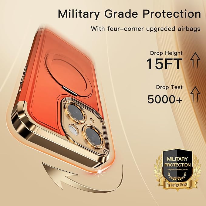 COOLQO for iPhone 13 Case 6.1'' Upgraded 360° Spin Magnetic Stand [Compatible with Magsafe][Military Protection] Plating Matte Scratch-Resistant Back Protective Shockproof Phone Case, Orange Gold
