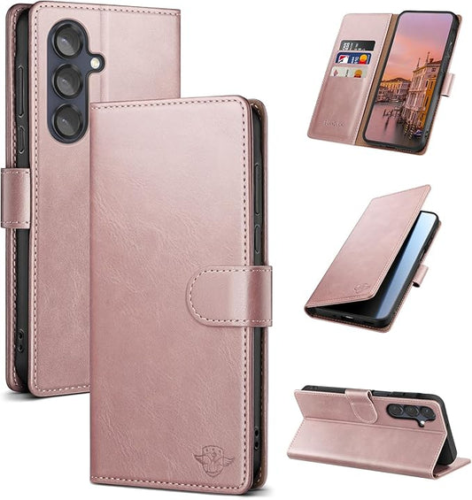 Wallet Case for Samsung Galaxy S25 5G Magnetic Flip Leather Folio Cover with RFID-Blocking Credit Card Holder, Women Men Protective Phone Case Compatible with Samsung S25, Rose Gold