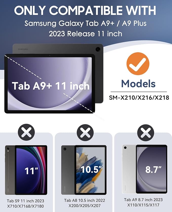 OKP Case for New Samsung Galaxy Tab A9+/ A9 Plus 11 Inch 2023 (SM-X210/X216/X218), Heavy Duty Shockproof Rugged 11" Galaxy A9+ Tablet Protective Cover with Kickstand for Kids Boys Girls, Black+Blue