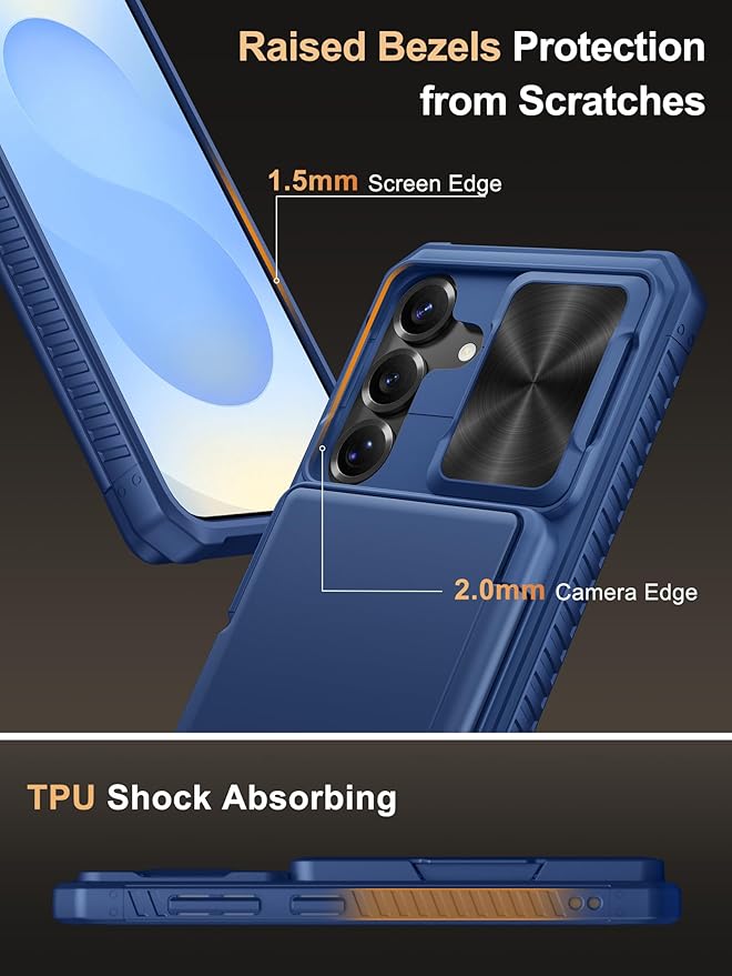 Vihibii for Samsung Galaxy S25 Case with Card Holder (4 Cards), [RFID Blocking] & Slide Camera Cover & Raised Edges Protect Screen, Shockproof Rugged Phone Case for Samsung Galaxy S25 6.2", Blue